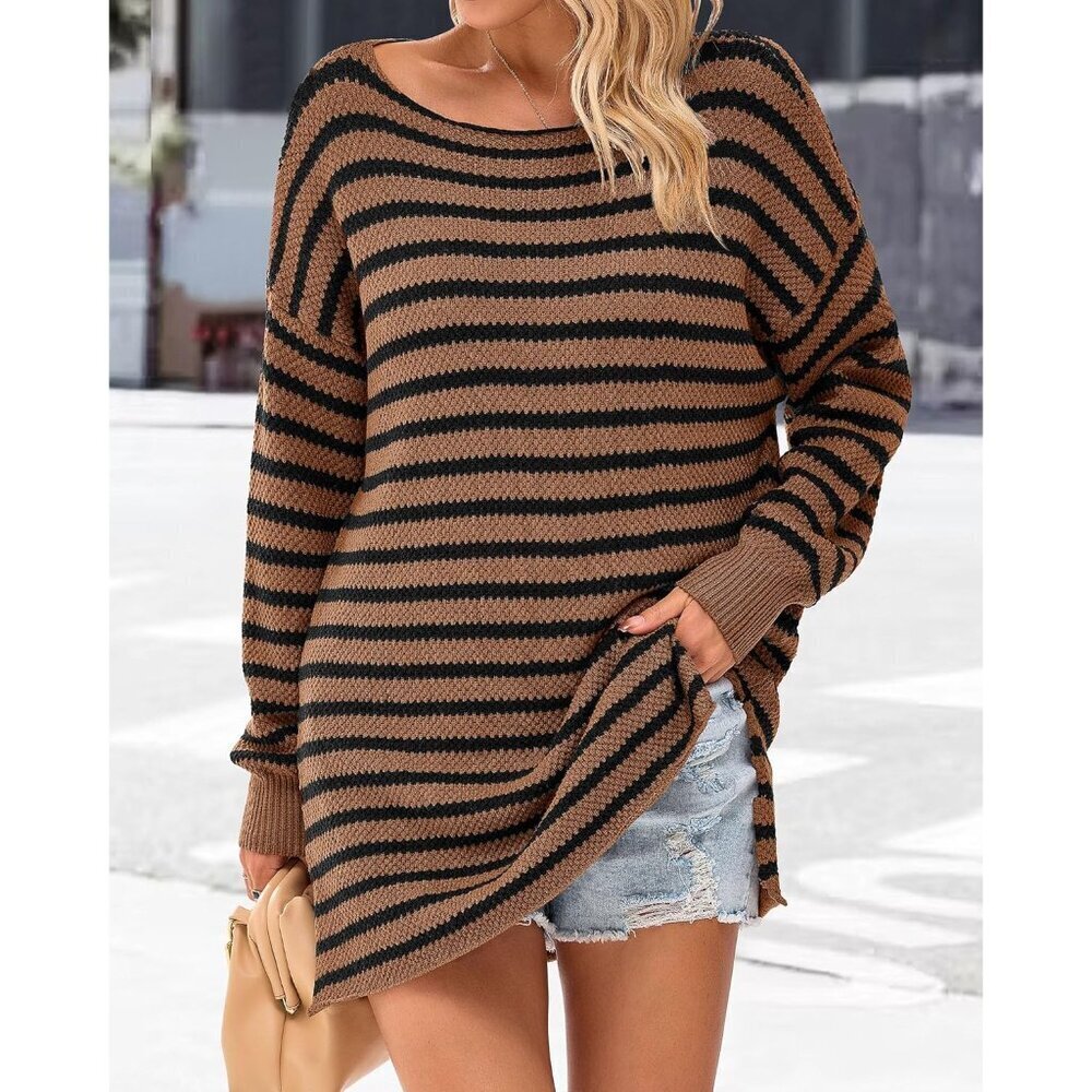 Women's Oversized Striped Sweater Long Sleeve Crewneck Side Split Knit Top - Picture 2 of 7